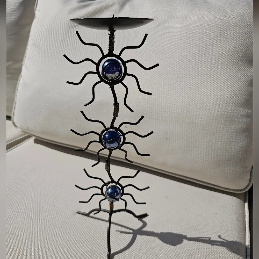 Halloween Metal Spider Candle Holder Blue Marbles Tall Goth‎ Art Deco Spooky